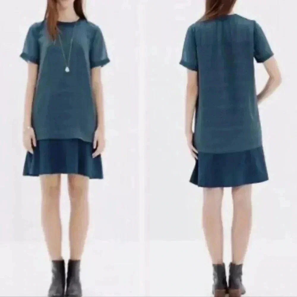 Madewell Sheer Overlay Dress XS Green Mesh Layered Shift Ruffle Hem Boho